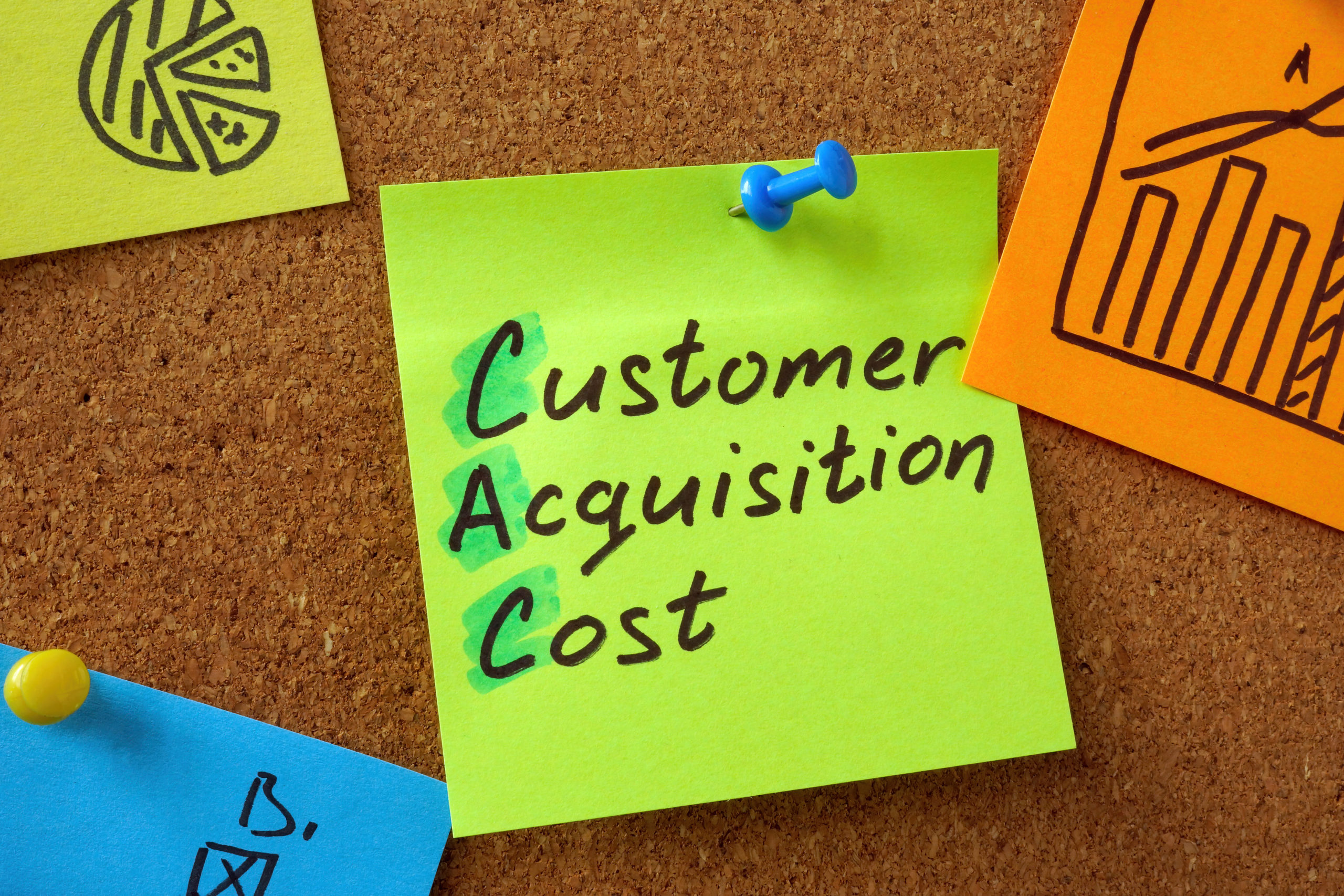 board with pinned sticks about customer acquisition cost.